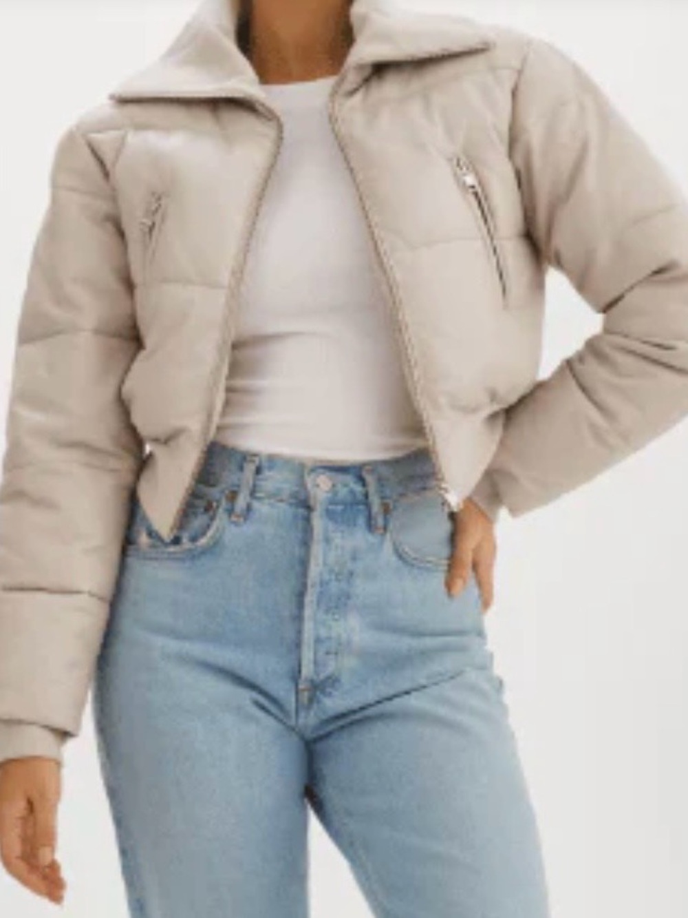 NWT LAMARQUE Livia Beige Leather Cropped Puffer Jacket Down Filled Size S